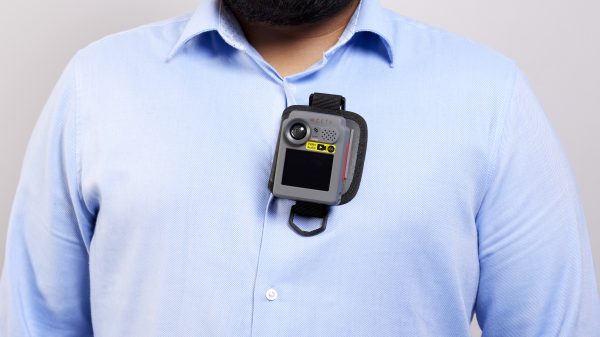 Lidl has become the first supermarket in the UK to equip body-worn cameras across all its stores in a move aimed at ensuring the safety and security of customers and colleagues, here depicting a person wearing a body-worn camera