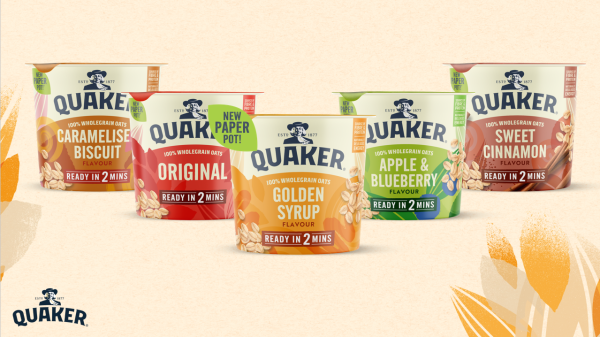 Quaker Oats has introduced new paper packaging in a move designed to reduce the brand's use of virgin plastic by 200 tonnes each year, here depicting the Quaker Oats new packaging