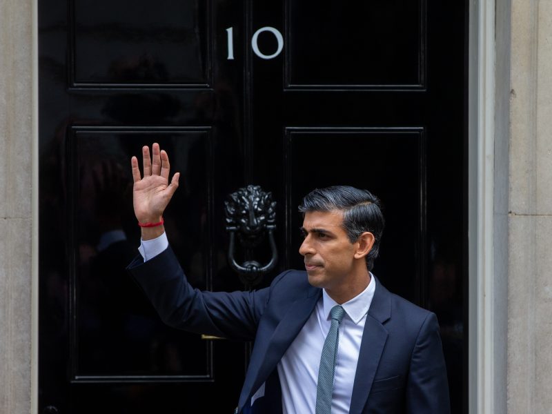 Rishi Sunak is to introduce the UK's new science initiative to grow climate-resilient crops at today's (20 November) Global Food Security Summit, depicted here leaving 20 Downing Street, waving his hand