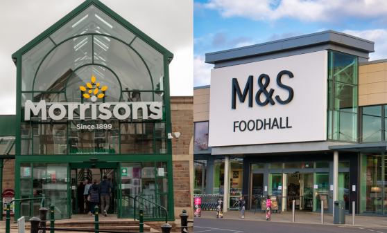 Morrisons and M&S agree to address their breaches of 'unlawful' use of anti-competitive land agreements, prompted by a crackdown from the CMA, here depicting a Morrisons store on the left and an M&S foodhall store on the right.