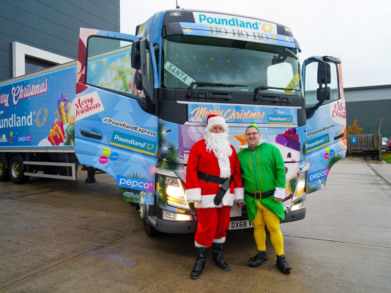 Poundland has taken to the roads with three Santa trucks delivering festive goodies to its stores, as part of its Christmas campaign, depicting here the Poundland truck
