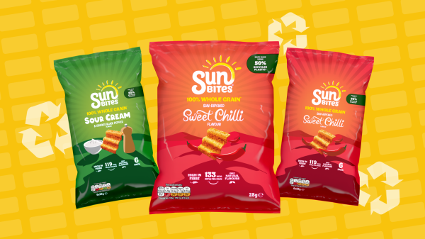 Walkers has rolled out new packaging for Sunbites made with recycled plastic as it moves the entire range to non-HFSS, depicted here