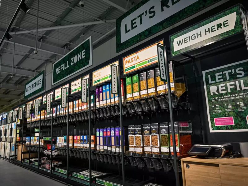 Asda has released a 'positive' first external ESG rating showing that the supermarket giant is "already in line with the largest retailers in [its] sector", here depicting an Asda sustainability refill scheme