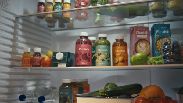 Here depicting Britvic owned Plenish's holistic range of juices in a fridge with a selection of other Plenish products