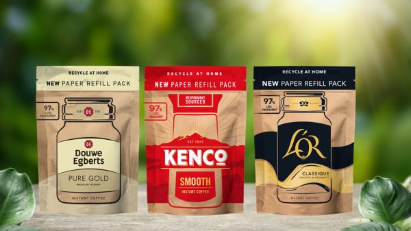 Kenco coffee manufacturer, JDE Peet has debuted its new home-recyclable paper coffee refill packets, here depicting the three coffee refill brand packs