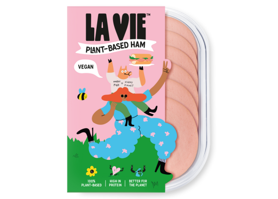 French plant-based brand La Vie has launched a new vegan product, 'La Vie Vegan Ham', exclusively available in Tesco, here depicting La Vie Plant Based Ham product