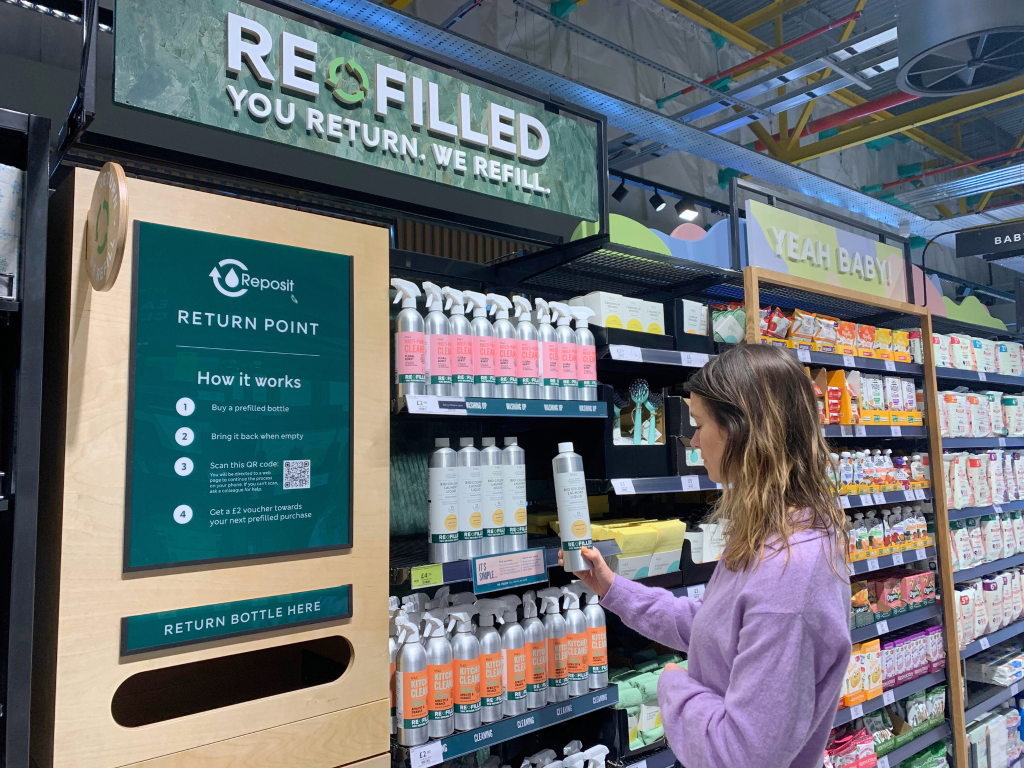 Marks & Spencer (M&S) has expanded its popular 'Refilled' scheme in partnership with Reposit on own-brand cleaning and laundry products, here depicting the initiative in store