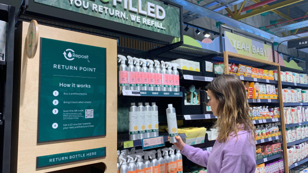 Marks & Spencer (M&S) has expanded its popular 'Refilled' scheme in partnership with Reposit on own-brand cleaning and laundry products, here depicting the initiative in store