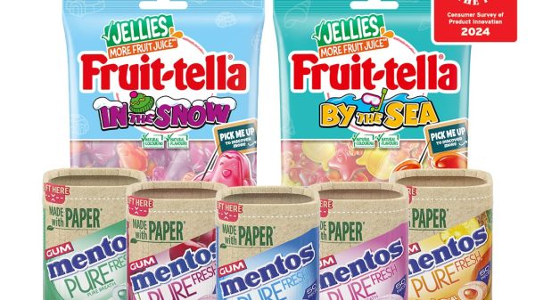 Perfetti Van Melle is celebrating both its Fruit-tella Curiosities and Mentos Pure Fresh Gum being awarded Product of the Year for 2024, here depicting both products