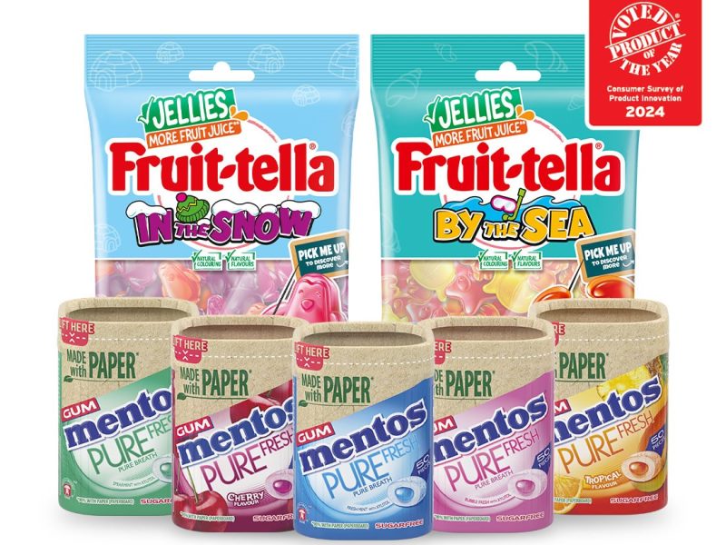 Perfetti Van Melle is celebrating both its Fruit-tella Curiosities and Mentos Pure Fresh Gum being awarded Product of the Year for 2024, here depicting both products