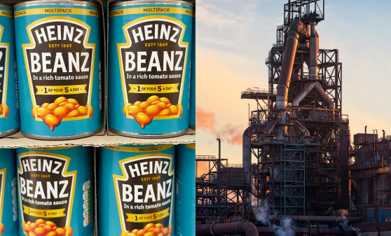 Heinz is due to lose its steel supplier for its canned products, following a series of redundancies made at Welsh steel plant Port Talbot's Tata Steel, depicting a photo of tinned Heinz on the left and the steelworks on the right