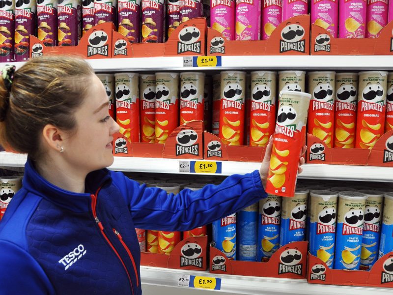 Pringles has debuted home-recyclable paper tubes through a new exclusive partnership with Tesco, depicted here