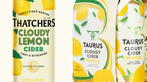 The High Court has ruled that there is "no likelihood of confusion" between Thatcher's trademark lemon cider and a rival Aldi product, here depicting a Thatchers Cloudy Lemon and Aldi brand Taurus, here depicting the two brands