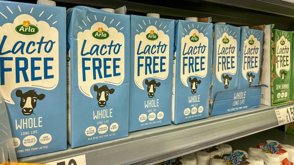 Here depicting Arla Foods Lactose Free Milk cartoons on a shelf
