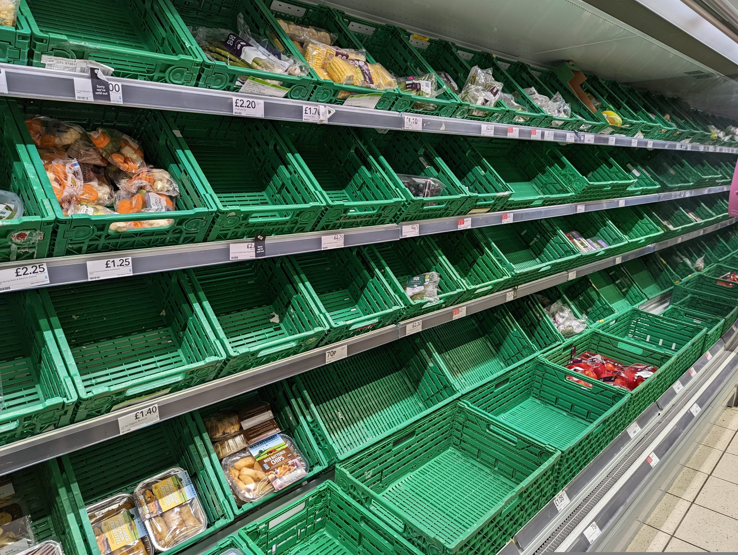 Here showing sparse supermarket Veg and Fruit crates. The food crates are green.