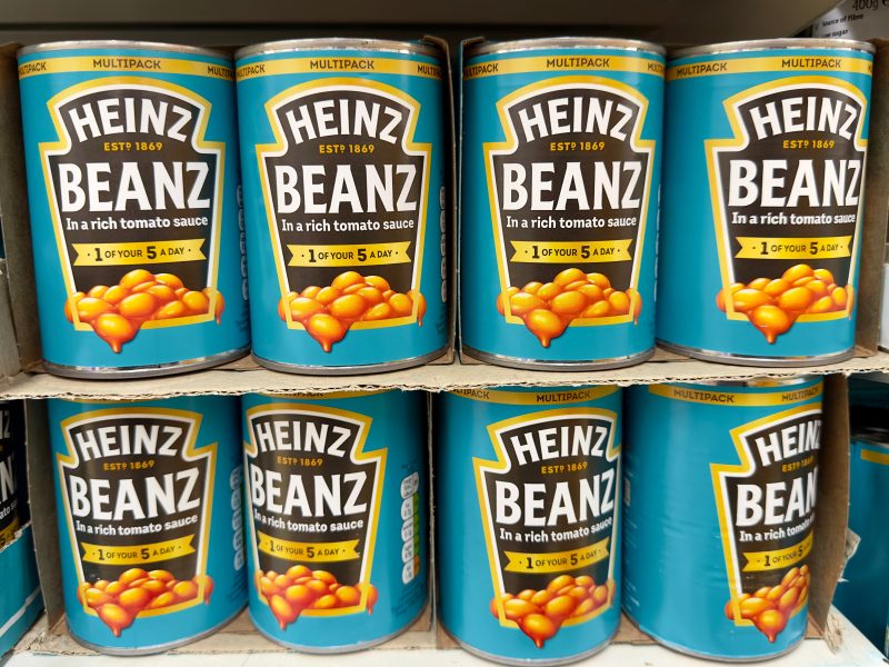 Here depicting Heinz Beans products on a shelf, (the brand owned by Kraft Heinz)