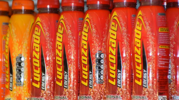 Here depicting Lucozade on a shelf
