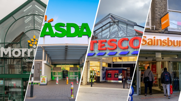 Here depicting Morrisons, Asda, Tesco and Sainsbury's in a slanted cut frame - As Morrisons becomes the second supermarket to introduce a double Price Match scheme, we look at what the other UK grocers are offering.