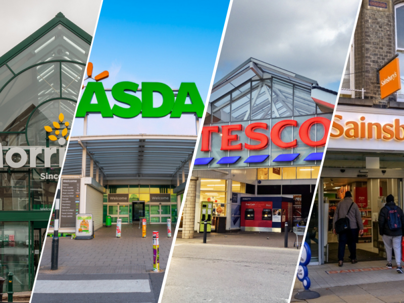 Here depicting Morrisons, Asda, Tesco and Sainsbury's in a slanted cut frame - As Morrisons becomes the second supermarket to introduce a double Price Match scheme, we look at what the other UK grocers are offering.