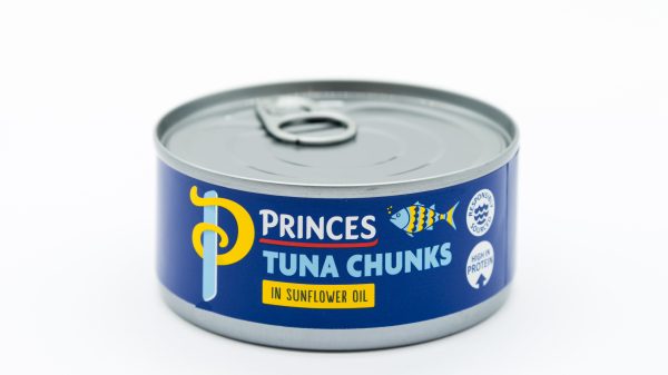 Here depicting a Princes Tuna can in sunflower oil against a white background