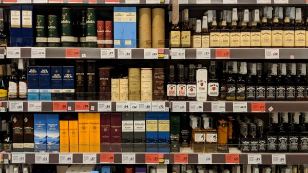 Here depicting a UK supermarket with a shelf of Scotch Whiskey and spirit products