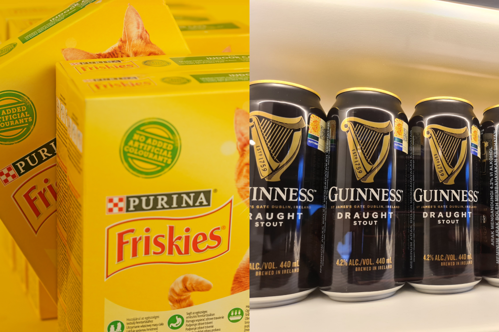 Here depicting Nestlé Purina pet food and Diageo Guinness cans on a shelf