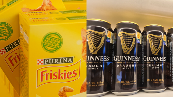 Here depicting Nestlé Purina pet food and Diageo Guinness cans on a shelf