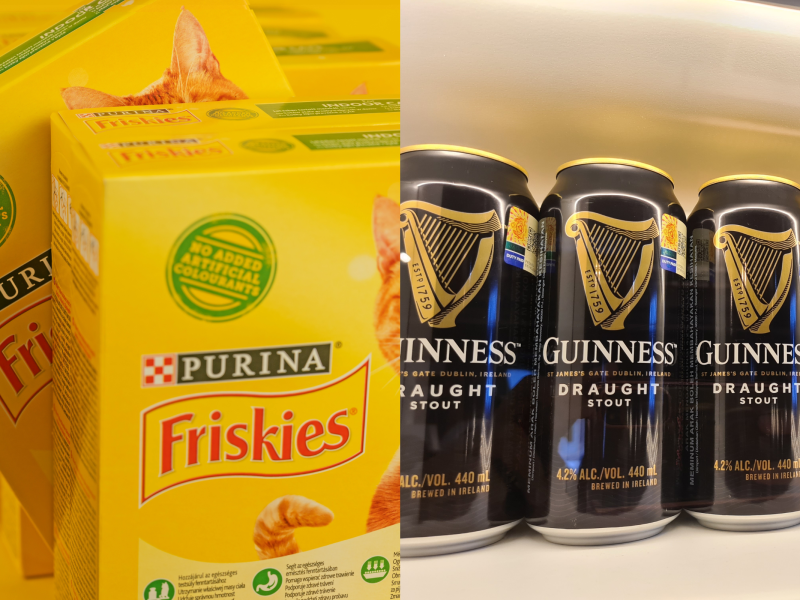 Here depicting Nestlé Purina pet food and Diageo Guinness cans on a shelf