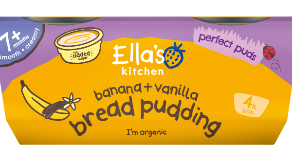 Here depicting Ella's Kitchen Banana Vanilla Bread pudding new packaging