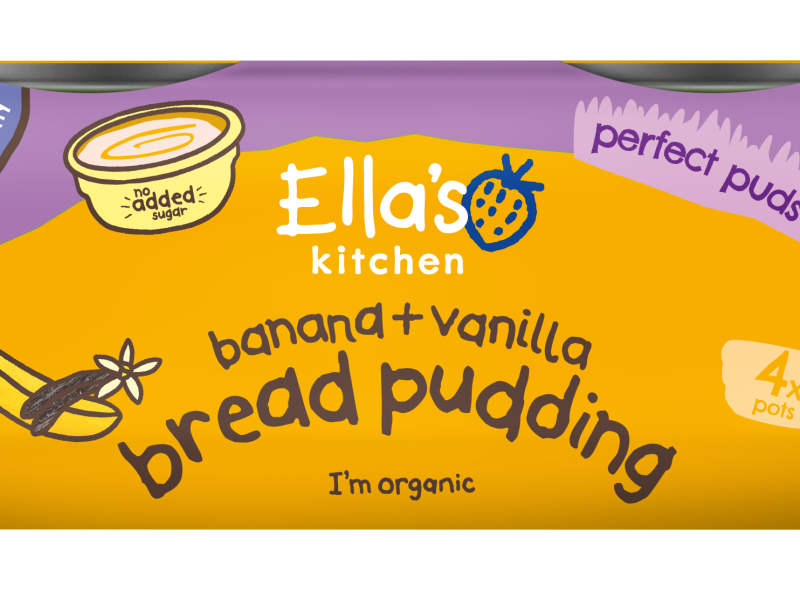 Here depicting Ella's Kitchen Banana Vanilla Bread pudding new packaging