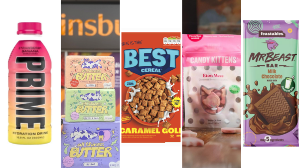 Here depicting products from Prime (drink), All Things Butter (three butters stacked upon one another) Best cereal, Candy Kitten and Brew Dog gummies, and Mr Beast chocolate bar - We take a look at eight social media star-owned brands that have disrupted the FMCG sector by hitting the supermarket shelves.