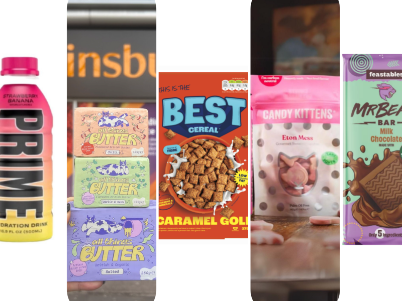 Here depicting products from Prime (drink), All Things Butter (three butters stacked upon one another) Best cereal, Candy Kitten and Brew Dog gummies, and Mr Beast chocolate bar - We take a look at eight social media star-owned brands that have disrupted the FMCG sector by hitting the supermarket shelves.