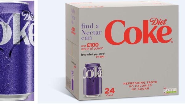 Sainsbury's purple Diet Coke, single can and pack