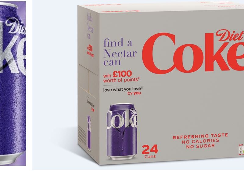 Sainsbury's purple Diet Coke, single can and pack