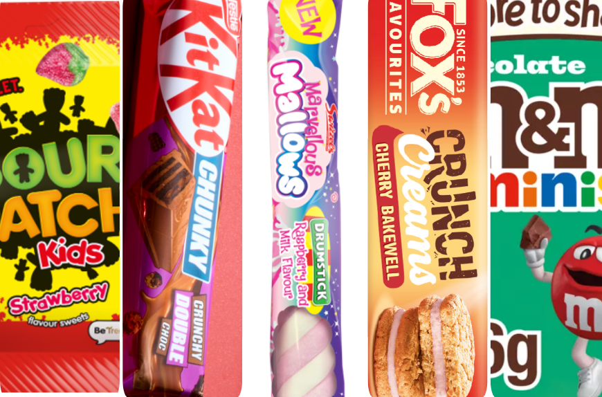 Sour Patch Kids, KitKat, Swizzels, Fox's, M&M's