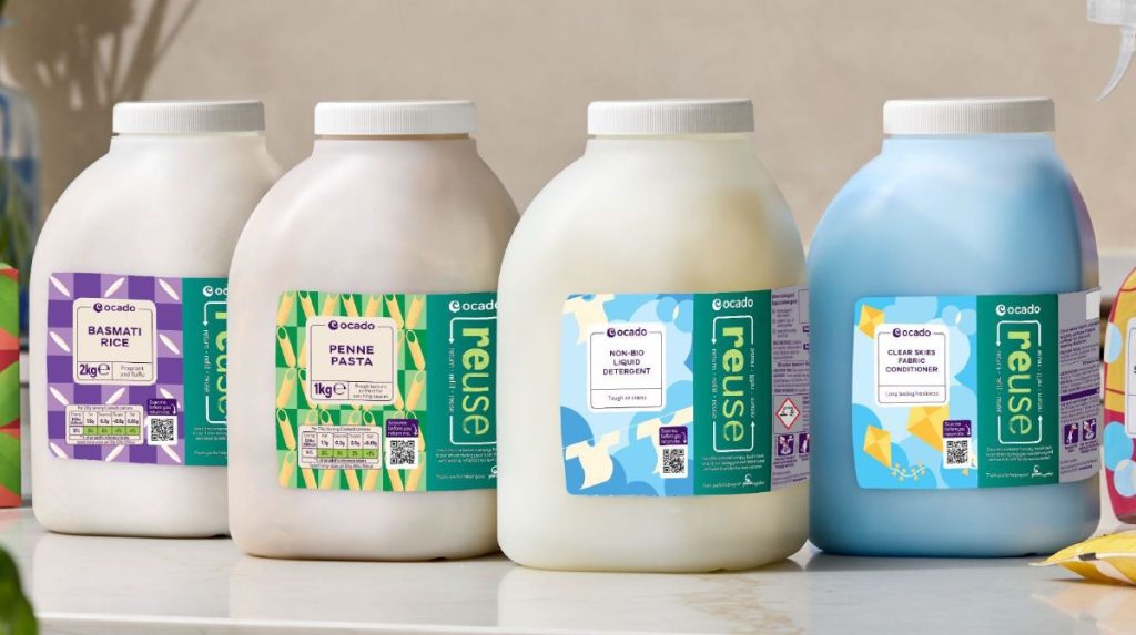 Ocado is to trial offering reusable packaging for its own-brand everyday products, such as pasta, rice and washing liquid.