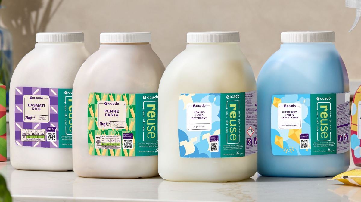 Ocado is to trial offering reusable packaging for its own-brand everyday products, such as pasta, rice and washing liquid.