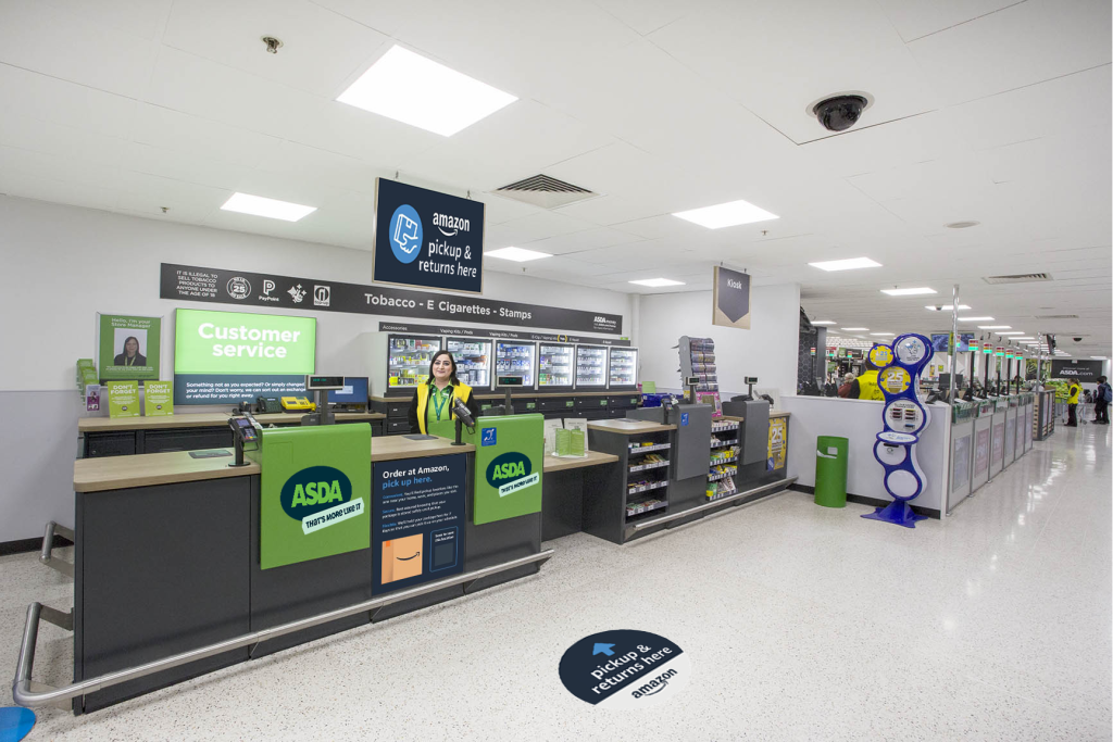 Asda and Amazon have partnered for a new parcel pick-up and label-free, box-free return service at more than 700 of the supermarket's stores.