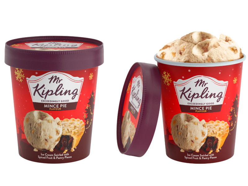 Image depicting two Mr Kiplings Mince Pie ice cream tubs, one with its lid off.