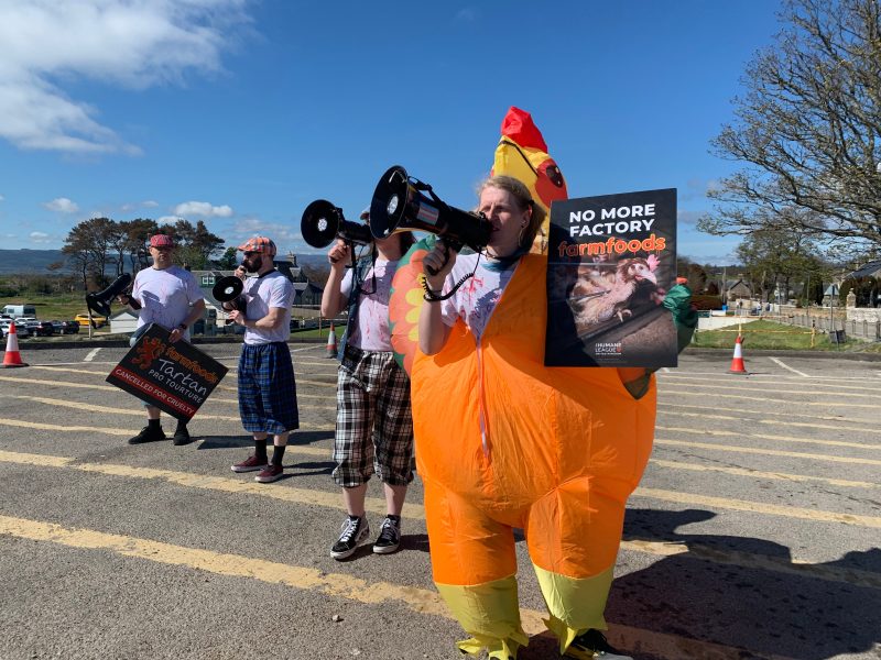 Animal welfare activists have disrupted a Farmfoods-sponsored event in protest of the supermarket's continued sale of eggs from caged hens.